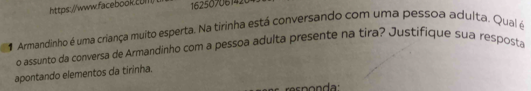 162507061420 
1 Armandinho é uma criança muito esperta. Na tirinha está conversando com uma pessoa adulta. Qual é 
o assunto da conversa de Armandinho com a pessoa adulta presente na tira? Justifique sua resposta 
apontando elementos da tirinha.