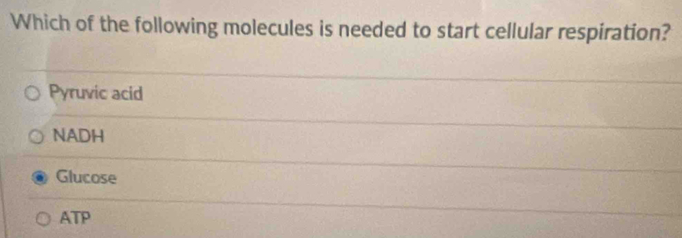 Which of the following molecules is needed to start cellular respiration?
Pyruvic acid
NADH
Glucose
ATP