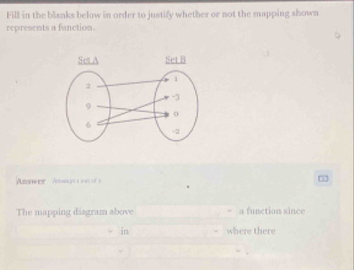 Fill in the blanks below in order to justify whether or not the mapping shown 
represents a fanction. 
Answer Actempt 1 991 of s 
The mapping diagram above a function since 
in where there