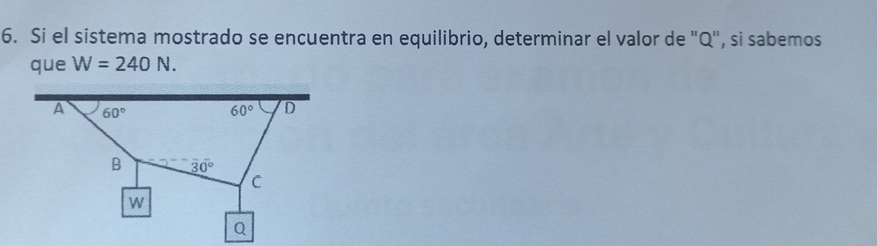 Si el sistema mostrado se encuentra en equilibrio, determinar el valor de "Q", si sabemos
que W=240N.