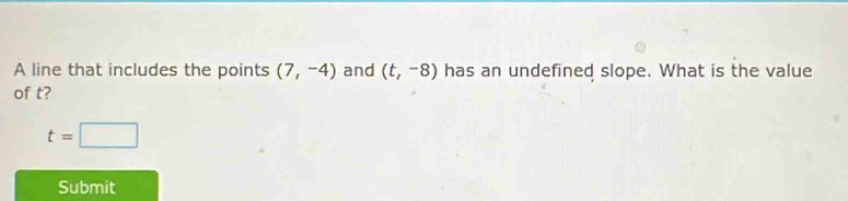 A line that includes the points (7,-4) and (t,-8) has an undefined slope. What is the value 
of t?
t=□
Submit