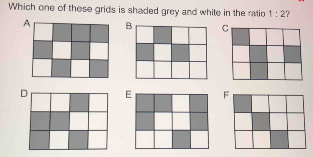 Which one of these grids is shaded grey and white in the ratio 1:2 ?
A
B
C
E
F