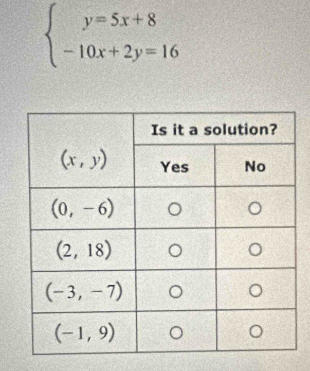 beginarrayl y=5x+8 -10x+2y=16endarray.