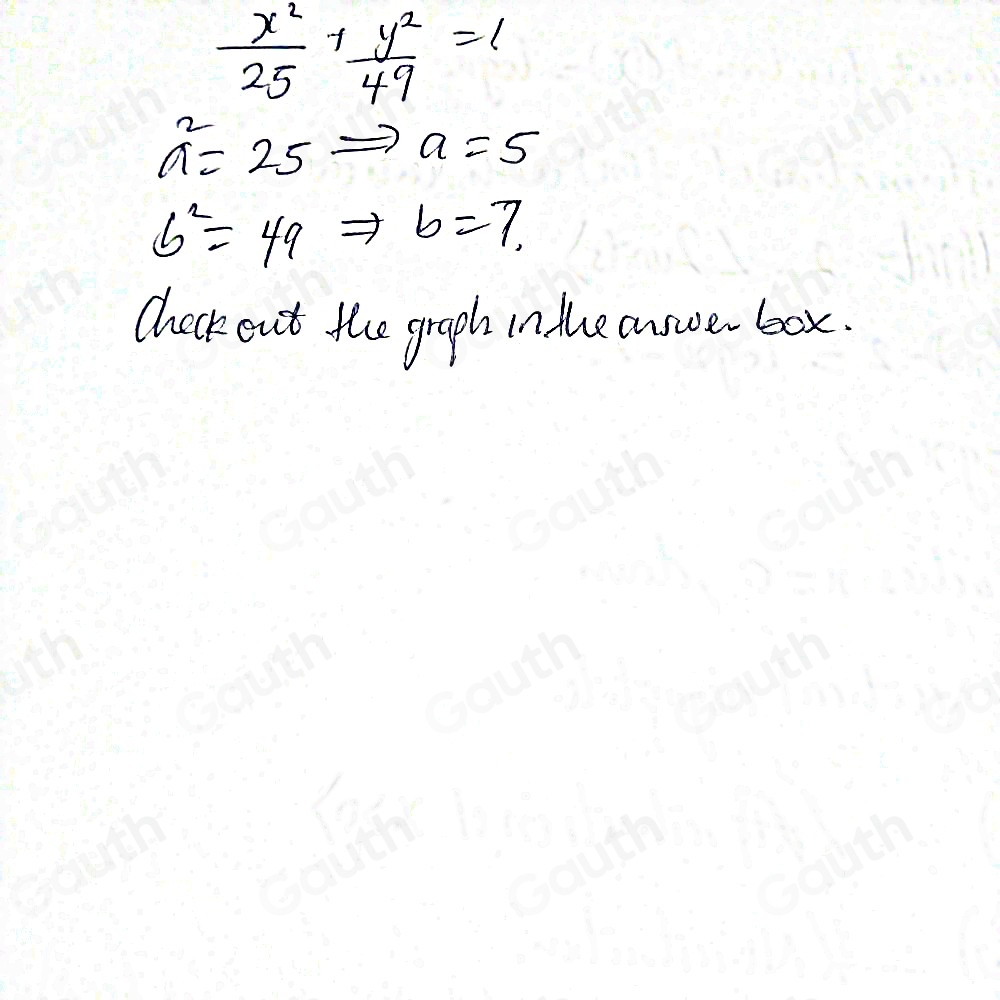  x^2/25 + y^2/49 =1
a^2=25Rightarrow a=5
b^2=49Rightarrow b=7
Chockout the graph in the answebox.