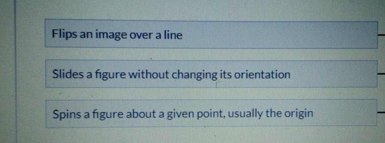 Flips an image over a line
$lides a fgure without changing its orientation
Spins a figure about a given point, usually the origin