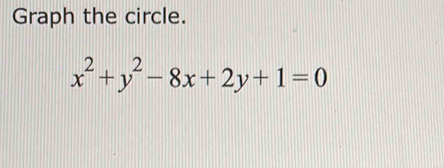 Graph the circle.
x^2+y^2-8x+2y+1=0