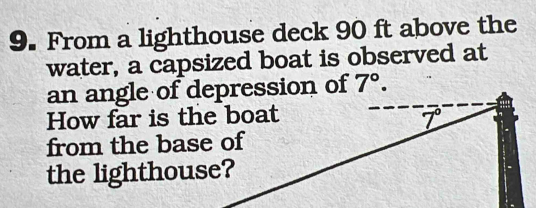 From a lighthouse deck 90 ft above the
water, a capsized boat is observed at
7°.
How far is the boat
from the base of
the lighthouse?