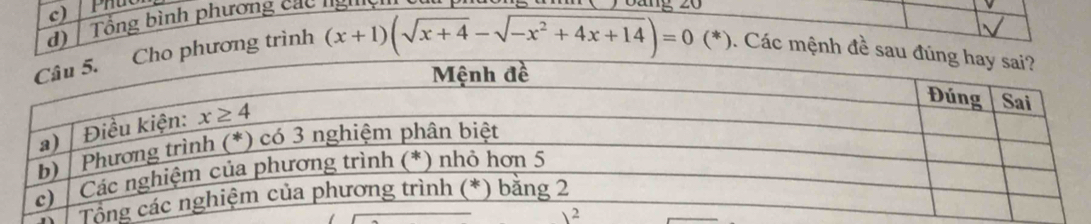 Tổng bình phương các nghệ
(x+1)(sqrt(x+4)-sqrt(-x^2+4x+14))=0(*)
hương trình ). Các mệnh đề s
2