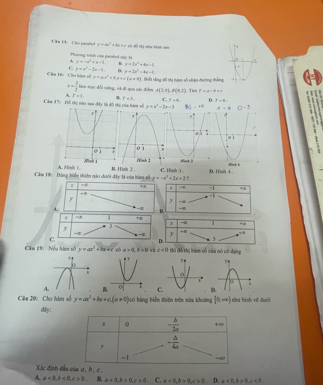 Cho parabol y=ax^2+bx+c có đồ thị như hình sau
Phương trình của parabol này là
A. y=-x^2+x-1. B. y=2x^2+4x-1.
C. y=x^2-2x-1. D. y=2x^2-4x-1.
Câu 16: Cho hàm số y=ax^2+bx+c(a!= 0). Biết rằng đồ thị hàm số nhận đường thẳng
x= 3/2  làm trục đối xứng, và đi qua các điểm A(2;0),B(0;2). Tìm T=a-b+c
A. T=1. B. T=3. C. T=0. D. T=6.
Câu 17: Đồ thị nào sau đây là đồ thị của hàm số y=x^2-2x-3
1- -3
S B
a
A. Hình 1. B. Hình 2 . C. Hình 3 . D. Hình 4 .
Câu 18: Bảng biến thiên nào dưới đây là của hàm số y=-x^2+2x+2 ?
x -∞ -1 +∈fty
-1
y -∞
-∞
Câu 19: Nếu hàm số y=ax^2+bx+c có a>0,b>0 và c<0</tex> thì đồ thị hàm số của nó có dạng
A
B.C
Câu 20: Cho hàm số y=ax^2+bx+c,(a!= 0) có bảng biến thiên trên nửa khoảng [0;+∈fty ) như hình vẽ dưới
đây:
Xắc định dấu a α, b, c.
A. a<0,b<0,c>0. B. a<0,b>0,c>0. C. a<0,b>0,c>0 D. a<0,b>0,c<0.