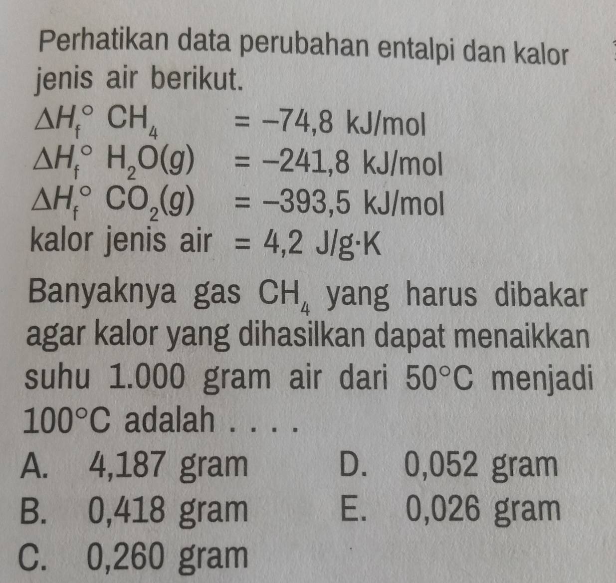 Perhatikan data perubahan entalpi dan kalor
jenis air berikut.
△ H_f^((circ)CH_4)=-74,8kJ/mol
△ H_f^((circ)H_2)O(g)=-241,8kJ/mol
△ H_f^((circ)CO_2)(g)=-393,5kJ/mol
kalor jenis air =4,2J/g· K
Banyaknya gas CH_4 yang harus dibakar
agar kalor yang dihasilkan dapat menaikkan
suhu 1.000 gram air dari 50°C menjadi
100°C adalah . . . .
A. 4,187 gram D. 0,052 gram
B. 0,418 gram E. 0,026 gram
C. 0,260 gram