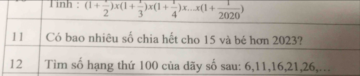 Tinh : (1+ 1/2 )x(1+ 1/3 )x(1+ 1/4 )x...x(1+ 1/2020 )
11 Có bao nhiêu số chia hết cho 15 và bé hơn 2023? 
12₹ Tìm số hạng thứ 100 của dãy số sau: 6, 11, 16, 21, 26,..