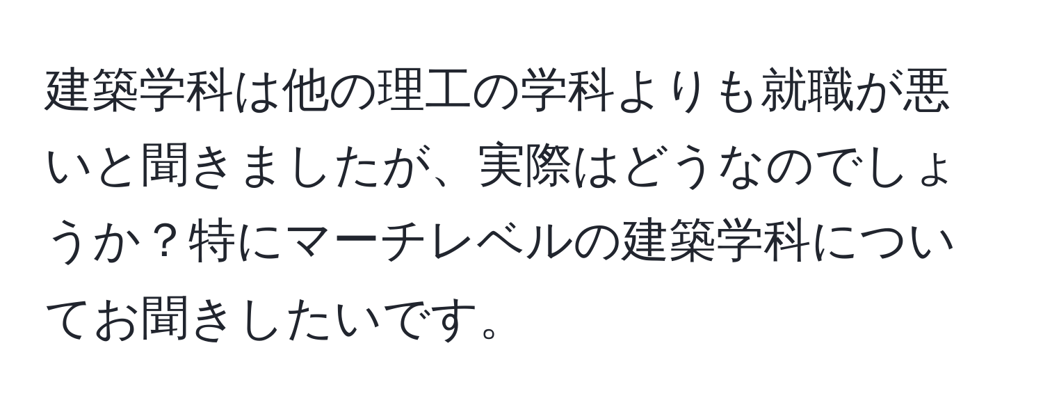 建築学科は他の理工の学科よりも就職が悪いと聞きましたが、実際はどうなのでしょうか？特にマーチレベルの建築学科についてお聞きしたいです。