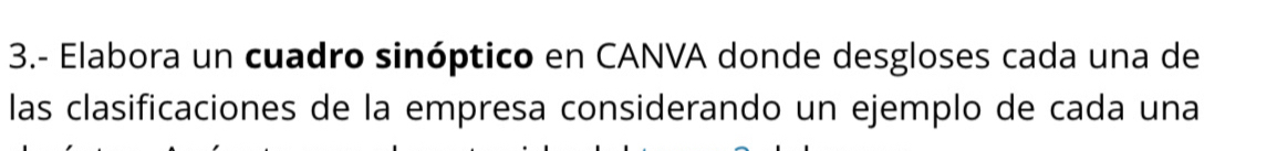 3.- Elabora un cuadro sinóptico en CANVA donde desgloses cada una de 
las clasificaciones de la empresa considerando un ejemplo de cada una