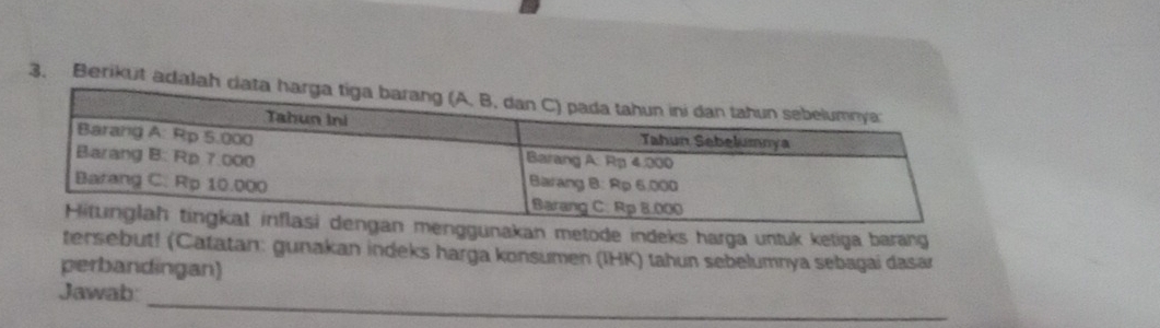 Berikut adalah d 
nggunakan metode indeks harga untuk ketiga barang 
tersebut! (Catatan: gunakan indeks harga konsumen (IHK) tahun sebelumnya sebagai dasar 
perbandingan) 
Jawab: 
_