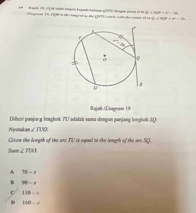 Rajah 19. PQR ialah tangen kepada bulatan QSTU dengan pusat O di Q.∠ SQP=x°-20.
Diagram 19. PQR is the tangent to the QSTU circle with the center O in Q.∠ SQP=x°-20.
Rajah /Diagram 19
Diberi panjarıg lengkok 7U adalah sama dengan panjang lengkok SQ.
Nyatakan ∠ TUO.
Given the length of the arc TU is equal to the length of the arc SQ.
State ∠ TUO.
A 70-x
B 90-x
C 110-x
D 160-x