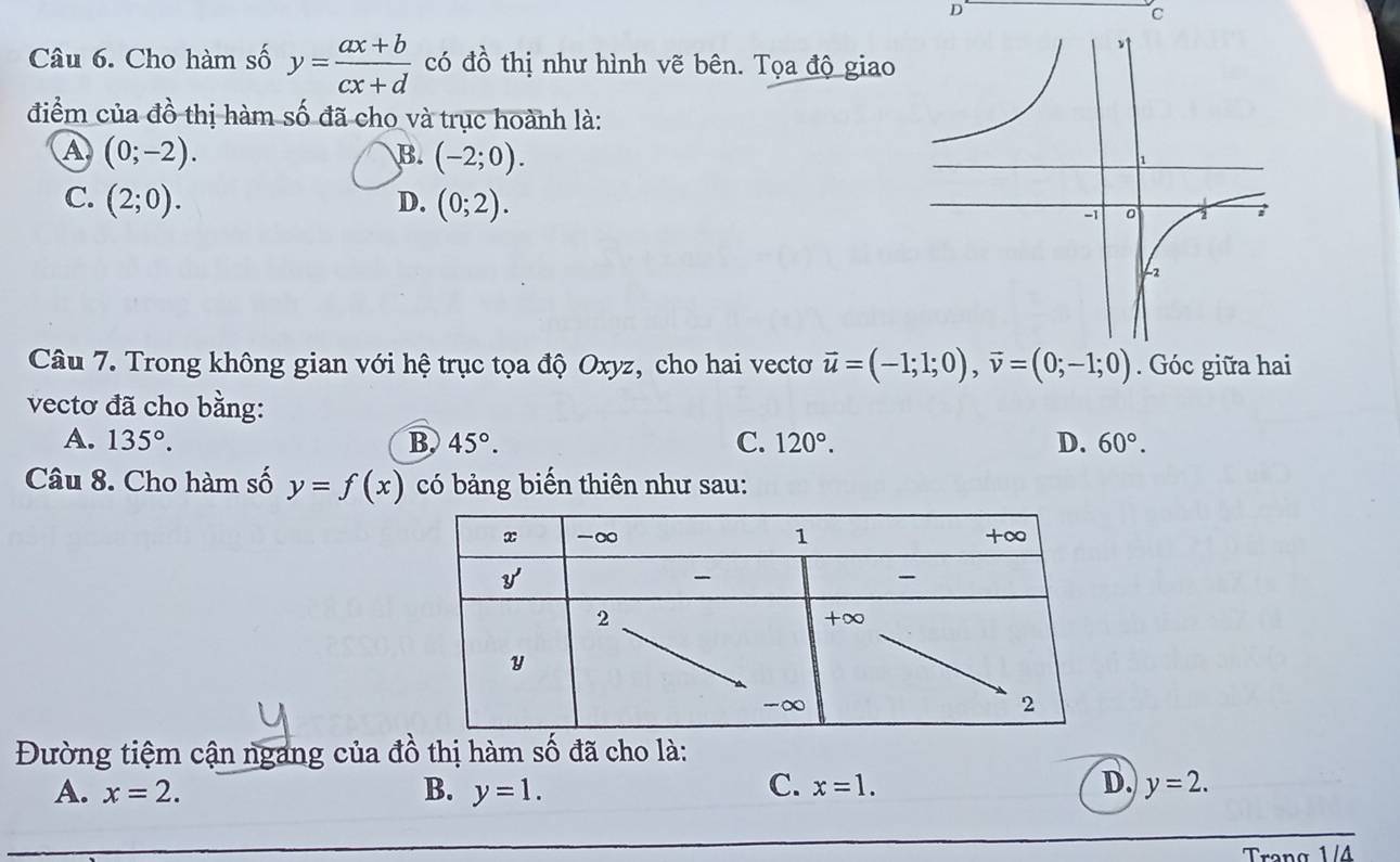 Cho hàm số y= (ax+b)/cx+d  có đồ thị như hình vẽ bên. Tọa độ giao
điểm của đồ thị hàm số đã cho và trục hoành là:
A (0;-2).
B. (-2;0).
C. (2;0). D. (0;2). 
Câu 7. Trong không gian với hệ trục tọa độ Oxyz, cho hai vectơ vector u=(-1;1;0), vector v=(0;-1;0). Góc giữa hai
vectơ đã cho bằng:
A. 135°. B. 45°. C. 120°. D. 60°. 
Câu 8. Cho hàm số y=f(x) có bảng biến thiên như sau:
Đường tiệm cận ngang của đồ thị hàm số đã cho là:
C. x=1. D.
A. x=2. B. y=1. y=2. 
Trang 1/4