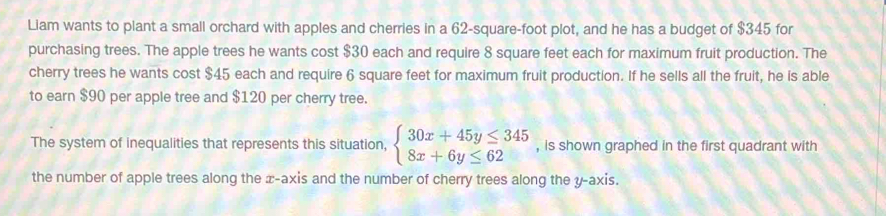 Liam wants to plant a small orchard with apples and cherries in a 62-square-foot plot, and he has a budget of $345 for 
purchasing trees. The apple trees he wants cost $30 each and require 8 square feet each for maximum fruit production. The 
cherry trees he wants cost $45 each and require 6 square feet for maximum fruit production. If he sells all the fruit, he is able 
to earn $90 per apple tree and $120 per cherry tree. 
The system of inequalities that represents this situation, beginarrayl 30x+45y≤ 345 8x+6y≤ 62endarray. , is shown graphed in the first quadrant with 
the number of apple trees along the x-axis and the number of cherry trees along the y-axis.