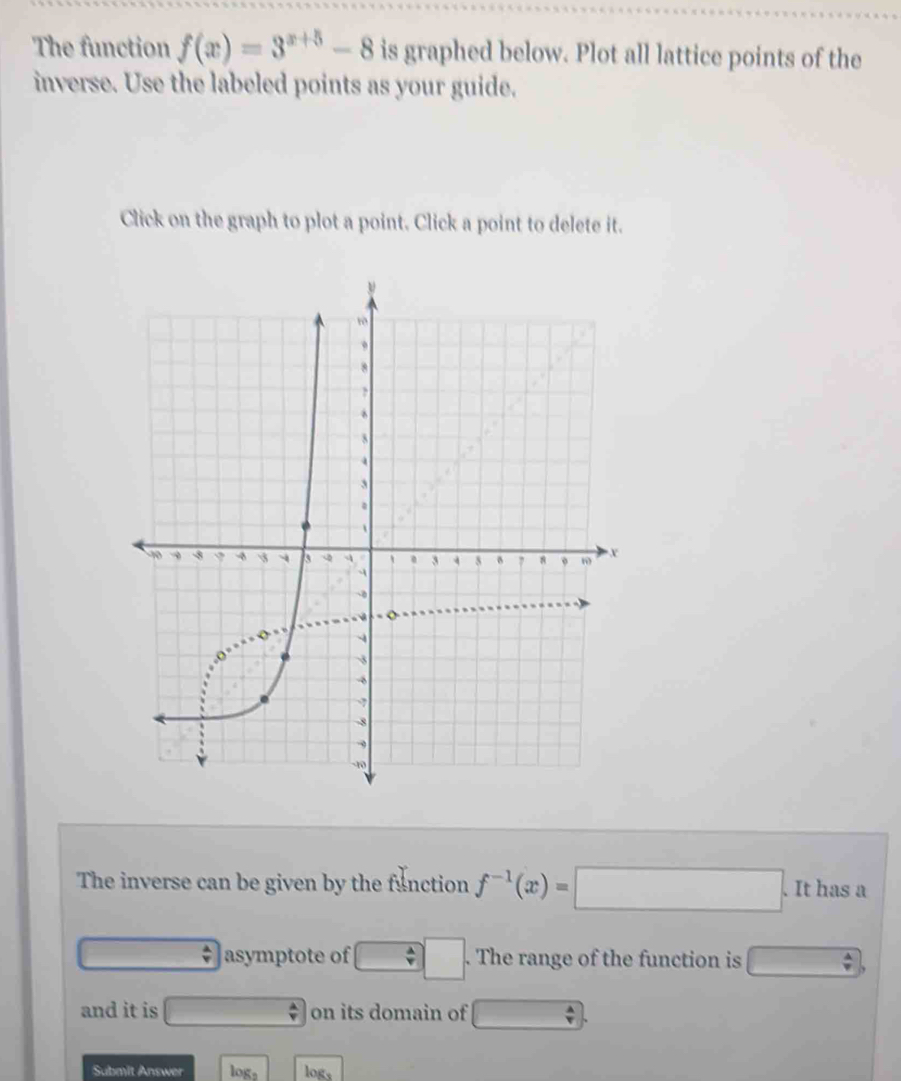 The function f(x)=3^(x+5)-8 is graphed below. Plot all lattice points of the 
inverse. Use the labeled points as your guide. 
Click on the graph to plot a point. Click a point to delete it. 
The inverse can be given by the function f^(-1)(x)=□. It has a 
asymptote of □. The range of the function is □
and it is  A/r  on its domain of □. 
Submit Answer og_3 logs