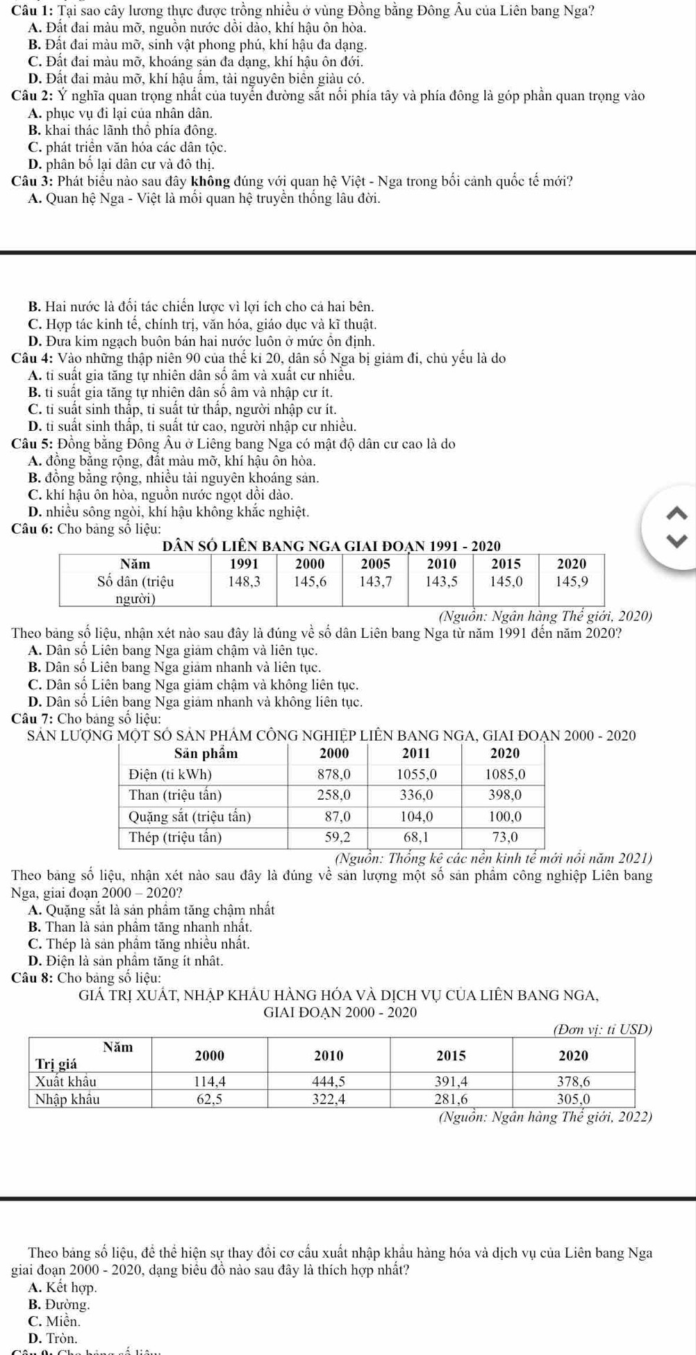 Tại sao cây lương thực được trồng nhiều ở vùng Đồng bằng Đông Âu của Liên bang Nga?
A. Đất đai màu mỡ, nguồn nước dồi dào, khí hậu ôn hòa.
B. Đất đai màu mỡ, sinh vật phong phú, khí hậu đa dạng.
C. Đất đai màu mỡ, khoáng sản đa dạng, khí hậu ôn đới.
D. Đất đai màu mỡ, khí hậu ấm, tài nguyên biên giàu có.
Cầu 2: Ý nghĩa quan trọng nhất của tuyển đường sắt nối phía tây và phía đông là góp phần quan trọng vào
A. phục vụ đi lại của nhân dân.
B. khai thác lãnh thổ phía đông.
C. phát triển văn hóa các dân tộc.
D. phân bố lại dân cư và đô thị.
Câu 3: Phát biểu nào sau đây không đúng với quan hệ Việt - Nga trong bối cảnh quốc tế mới?
A. Quan hệ Nga - Việt là mối quan hệ truyền thống lâu đời.
B. Hai nước là đối tác chiến lược vì lợi ích cho cả hai bên.
C. Hợp tác kinh tế, chính trị, văn hóa, giáo dục và kĩ thuật.
D. Đưa kim ngạch buôn bán hai nước luôn ở mức ôn định.
Cầu 4: Vào những thập niên 90 của thế ki 20, dân số Nga bị giảm đi, chủ yếu là do
A. tỉ suất gia tăng tự nhiên dân số âm và xuất cư nhiều.
B. tỉ suất gia tăng tự nhiên dân số âm và nhập cư ít.
C. tỉ suất sinh thấp, tỉ suất tử thấp, người nhập cư ít.
D. tỉ suất sinh thấp, tỉ suất tử cao, người nhập cư nhiều.
Câu 5: Đồng bằng Đông Âu ở Liêng bang Nga có mật độ dân cư cao là do
A. đồng bằng rộng, đất màu mỡ, khí hậu ôn hòa.
B. đồng bằng rộng, nhiều tài nguyên khoáng sản.
C. khí hậu ôn hòa, nguồn nước ngọt dồi dào.
D. nhiều sông ngòi, khí hậu không khắc nghiệt.
Câu 6: Cho bảng số liệu:
Theo bảng số liệu, nhận xét nào sau đây là đúng về số dân Liên bang Nga từ năm 1991 đến năm 2020?
A. Dân số Liên bang Nga giám chậm và liên tục.
B. Dân số Liên bang Nga giảm nhanh và liên tục.
C. Dân số Liên bang Nga giảm chậm và không liên tục.
D. Dân số Liên bang Nga giám nhanh và không liên tục.
Câu 7: Cho bảng số liệu:
SẢN LƯ00 - 2020
(Nguồn: Thkê các nền tế mổi năm 2021)
Theo bảng số liệu, nhận xét nào sau đây là đúng về sản lượng một số sản phầm công nghiệp Liên bang
Nga, giai đoạn 2000 - 2020?
A. Quặng sắt là sản phầm tăng chậm nhất
B. Than là sản phâm tăng nhanh nhất.
C. Thép là sản phẩm tăng nhiều nhất.
D. Điện là sản phâm tăng ít nhất.
Câu 8: Cho bảng số liệu:
giá trị XUÁt, nhập khÁu hàng hóa và dịch vụ của liên bAng ngA,
GIAI ĐOAN 2000 - 2020
Theo bảng số liệu, để thể hiện sự thay đổi cơ cấu xuất nhập khẩu hàng hóa và dịch vụ của Liên bang Nga
giai đoạn 2000 - 2020, dạng biêu đồ nào sau đây là thích hợp nhất?
A. Kết hợp.
B. Đường.
C. Miễn.
D. Tròn.