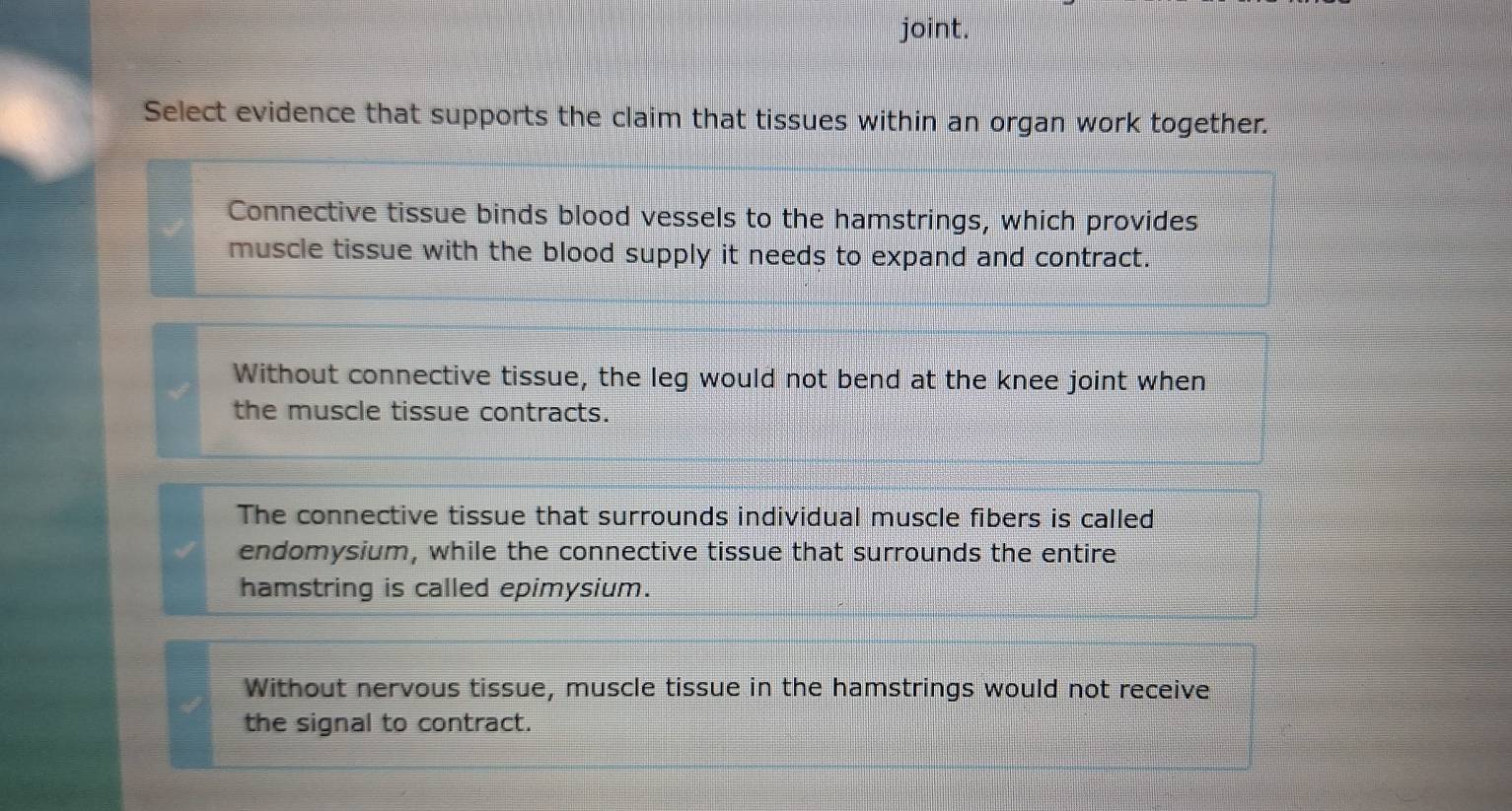 joint.
Select evidence that supports the claim that tissues within an organ work together.
Connective tissue binds blood vessels to the hamstrings, which provides
muscle tissue with the blood supply it needs to expand and contract.
Without connective tissue, the leg would not bend at the knee joint when
the muscle tissue contracts.
The connective tissue that surrounds individual muscle fibers is called
endomysium, while the connective tissue that surrounds the entire
hamstring is called epimysium.
Without nervous tissue, muscle tissue in the hamstrings would not receive
the signal to contract.