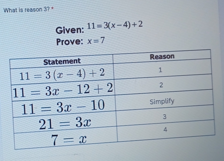 What is reason 3? *
Given: 11=3(x-4)+2
Prove: x=7