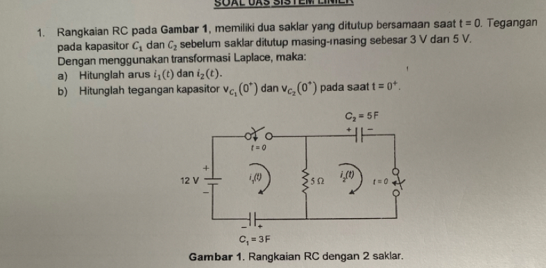 SOAL UÄS SISTEM LIML
1. Rangkaian RC pada Gambar 1, memiliki dua saklar yang ditutup bersamaan saat t=0. Tegangan
pada kapasitor C_1 dan C_2 sebelum saklar ditutup masing-masing sebesar 3 V dan 5 V.
Dengan menggunakan transformasi Laplace, maka:
a) Hitunglah arus i_1(t) dan i_2(t).
b) Hitunglah tegangan kapasitor v_C_1(0^+) dan V_C_2(0^+) pada saat t=0^+.
Gambar 1. Rangkaian RC dengan 2 saklar.