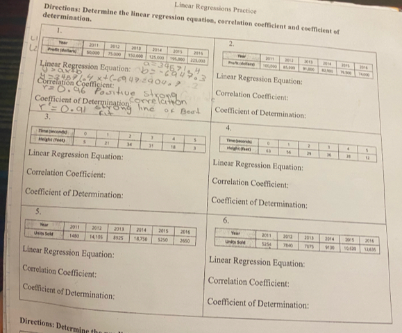 Linear Regressions Practice 
determination. 
Directions: Determine the linear regression equation, correlation coefficient and coefficient of 
2. 
Equation: tion: 
Correlation Coefficient: 
Correlation Coefficient: 
Coefficient of Determina Coefficient of Determination: 
3. 
4. 
quation: sion Equation: 
Correlation Coefficient: Correlation Coefficient: 
Coefficient of Determination: Coefficient of Determination: 
5. 
6. 
ear Regression Equation: Linear Regression Equation: 
Correlation Coefficient: 
Correlation Coefficient: 
Coefficient of Determination: 
Coefficient of Determination: 
Directions: eter i e t