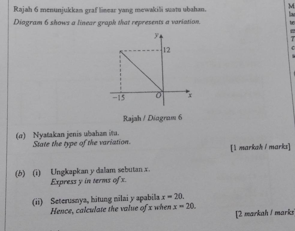 Rajah 6 menunjukkan graf linear yang mewakili suatu ubahan.
M
la 
Diagram 6 shows a linear graph that represents a variation. te
m
T 
C 
Rajah / Diagram 6 
(a) Nyatakan jenis ubahan itu. 
State the type of the variation. 
[1 markah / marks] 
(b) (i) Ungkapkan y dalam sebutan x. 
Express y in terms of x. 
(ii) Seterusnya, hitung nilai y apabila x=20. 
Hence, calculate the value of x when x=20. 
[2 markah / marks