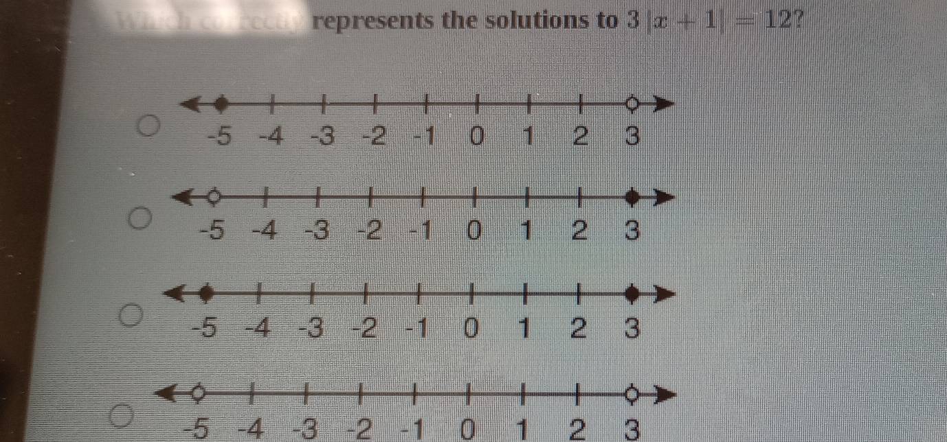 Which conrecur represents the solutions to 3|x+1|=12 ?
-5 -4 -3 -2 -1 0 1 2 3