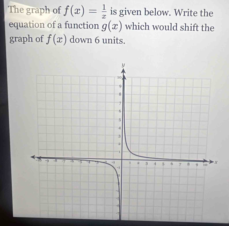 The graph of f(x)= 1/x  is given below. Write the 
equation of a function g(x) which would shift the 
graph of f(x) down 6 units.