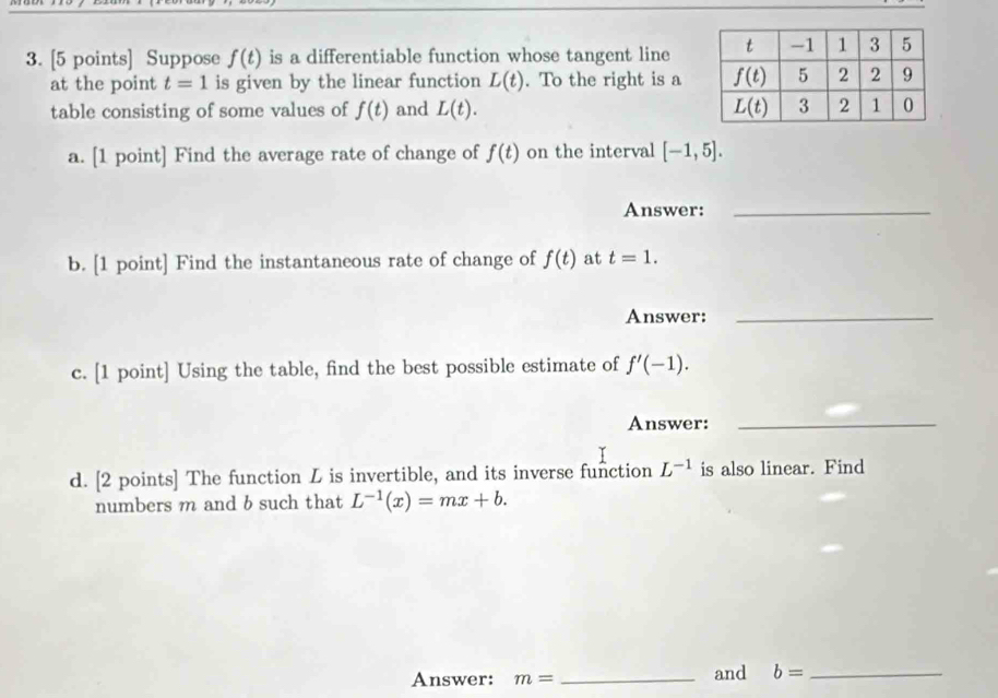 Suppose f(t) is a differentiable function whose tangent line
at the point t=1 is given by the linear function L(t). To the right is a
table consisting of some values of f(t) and L(t).
a. [1 point] Find the average rate of change of f(t) on the interval [-1,5].
Answer:_
b. [1 point] Find the instantaneous rate of change of f(t) at t=1.
Answer:_
c. [1 point] Using the table, find the best possible estimate of f'(-1).
Answer:
_
d. [2 points] The function L is invertible, and its inverse function L^(-1) is also linear. Find
numbers m and b such that L^(-1)(x)=mx+b.
Answer: m= _and b= _