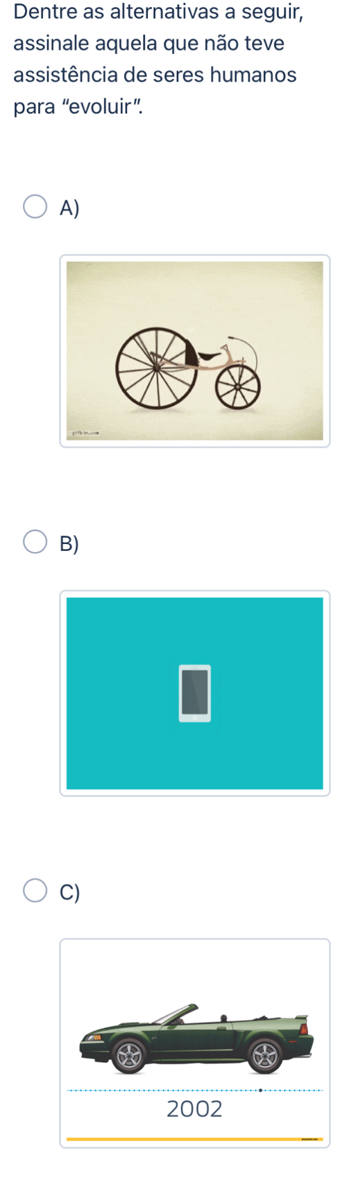 Dentre as alternativas a seguir,
assinale aquela que não teve
assistência de seres humanos
para “evoluir”.
A)
B)
C)
2002