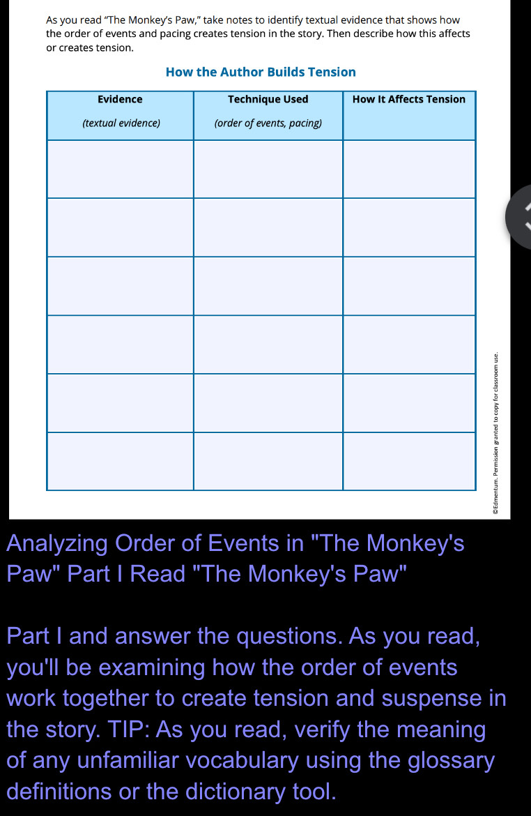 Solved: As you read “The Monkey’s Paw,” take notes to identify textual ...