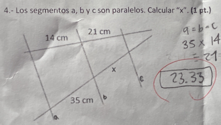 4.- Los segmentos a, b y c son paralelos. Calcular “ x ”. (1 pt.)