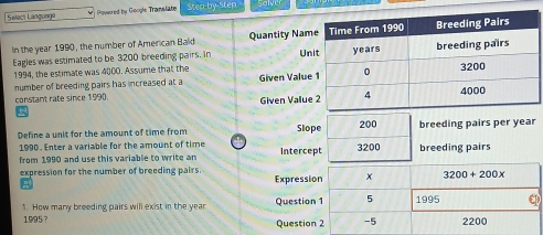 Select Langusge Poviered by Google Tramiliate Step-by-Step Salver 
In the year 1990, the number of American Bald Quantity Nam 
Eagles was estimated to be 3200 breeding pairs. in Un 
1994, the estimate was 4000. Assume that the 
number of breeding pairs has increased at a Given Valu 
constant rate since 1990. Given Valu 
Define a unit for the amount of time from Slope 200 breeding pairs per year
1990. Enter a variable for the amount of time Intercept 3200 breeding pairs 
from 1990 and use this variable to write an 
expression for the number of breeding pairs. Expression x 3200+200x
1. How many breeding pairs will exist in the year Question 1 5 1995 2200
1995？ Question 2 -5