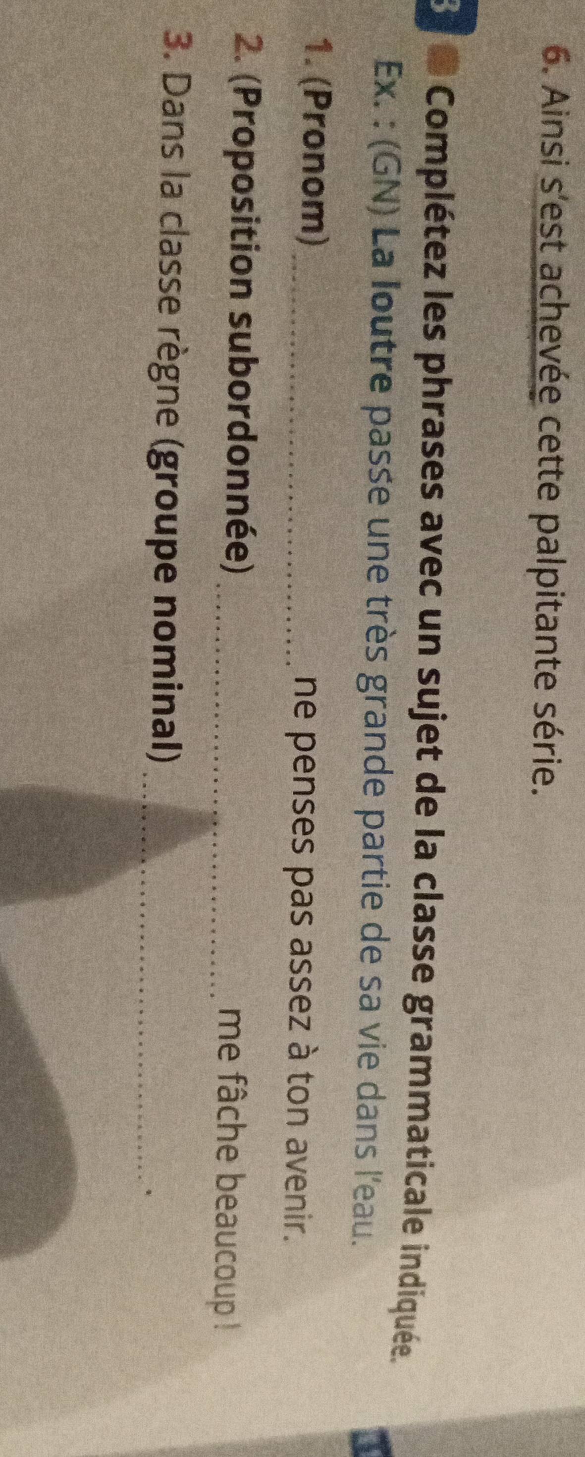 Ainsi s'est achevée cette palpitante série. 
37 e Complétez les phrases avec un sujet de la classe grammaticale indiquée. 
Ex. : (GN) La loutre passe une très grande partie de sa vie dans l'eau. 
1. (Pronom) ne penses pas assez à ton avenir. 
2. (Proposition subordonnée) _me fâche beaucoup ! 
3. Dans la classe règne (groupe nominal) 
_、