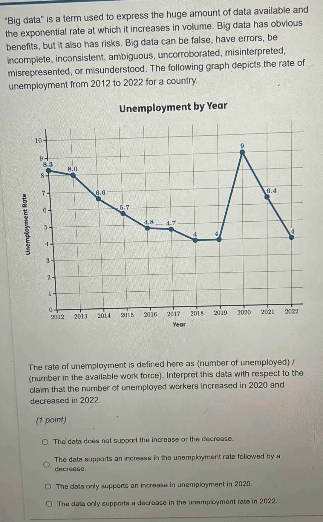 “Big data” is a term used to express the huge amount of data available and
the exponential rate at which it increases in volume. Big data has obvious
benefits, but it also has risks. Big data can be false, have errors, be
incomplete, inconsistent, ambiguous, uncorroborated, misinterpreted,
misrepresented, or misunderstood. The following graph depicts the rate of
unemployment from 2012 to 2022 for a country.
Unemployment by Year
10
9
9
8.3 8.0
8
7 6.6 6.4
6
5.7
4.8 4.7
5
4 4
4
4
3
2
1
0 2022
2012 2013 2014 2015 2016 2017 2018 2019 2020 2021
Year
The rate of unemployment is defined here as (number of unemployed) /
(number in the available work force). Interpret this data with respect to the
claim that the number of unemployed workers increased in 2020 and
decreased in 2022.
(1 point)
The data does not support the increase or the decrease.
The data supports an increase in the unemployment rate followed by a
decrease.
The data only supports an increase in unemployment in 2020.
The data only supports a decrease in the unemployment rate in 2022.