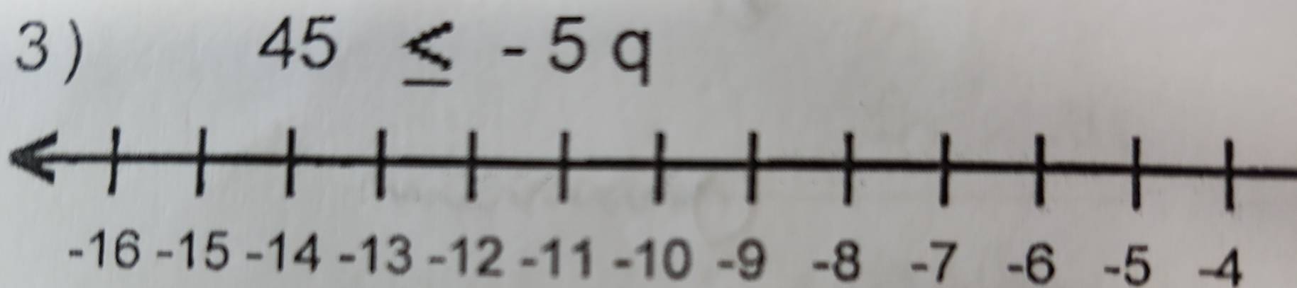 3 ) 45≤ -5q
-16 -15 -14 -13 -12 -11 -10 -9 -8 -7 -6 -5 -4