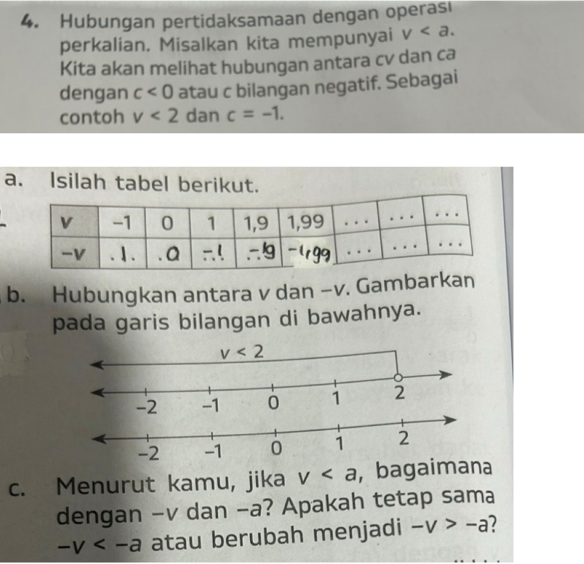 Hubungan pertidaksamaan dengan operasi
perkalian. Misalkan kita mempunyai v
Kita akan melihat hubungan antara cv dan ca
dengan c<0</tex> atau c bilangan negatif. Sebagai
contoh v<2</tex> dan c=-1.
a. Isilah tabel berikut.
b. Hubungkan antara v dan ~v. Gambarkan
pada garis bilangan di bawahnya.
c. Menurut kamu, jika v , bagaimana
dengan -v dan -a? Apakah tetap sama
-v atau berubah menjadi -v>-a 1