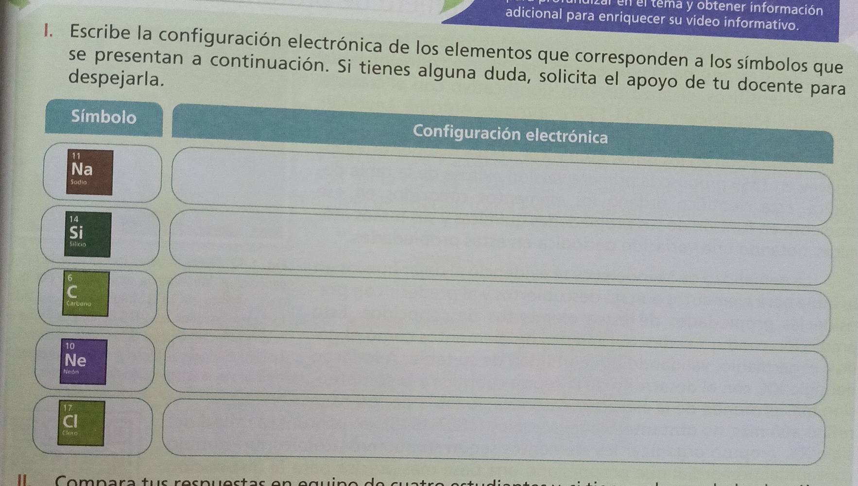 luizal en el tema y obtener información 
adicional para enriquecer su video informativo. 
I. Escribe la configuración electrónica de los elementos que corresponden a los símbolos que 
se presentan a continuación. Si tienes alguna duda, solicita el apoyo de tu docente para 
despejarla. 
Símbolo Configuración electrónica 
11 
Na 
Sodia
14
Si 
C
10
Ne
17
a 
Ir