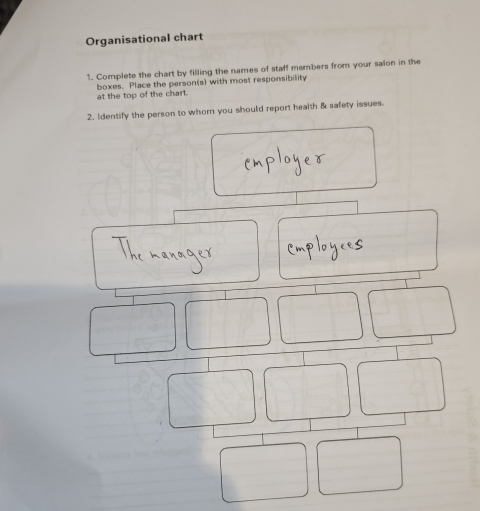 Organisational chart 
1. Complete the chart by filling the names of staff members from your saion in the 
at the top of the chart. boxes. Place the person(s) with most responsibility 
2. Identify the person to whom you should report health & safety issues.