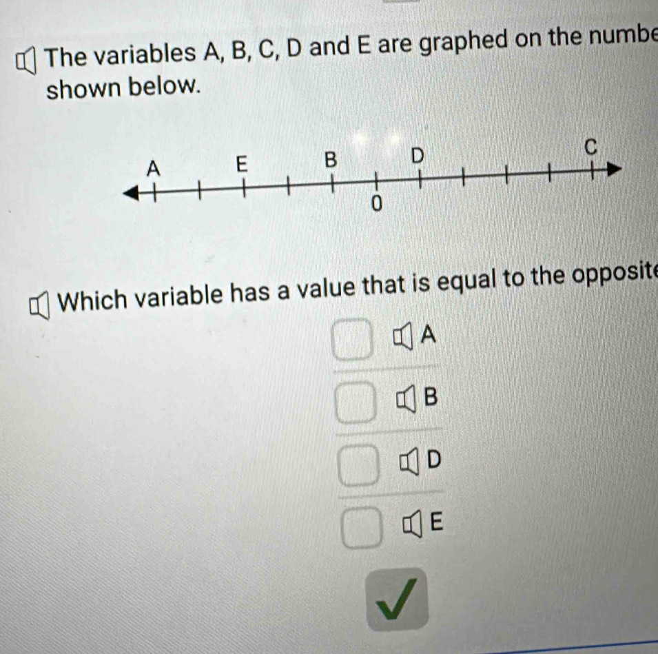 The variables A, B, C, D and E are graphed on the numbe 
shown below. 
Which variable has a value that is equal to the opposit 
A 
B
beginarrayr □  □ endarray □ D
E