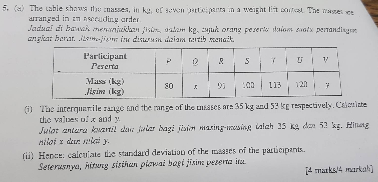 The table shows the masses, in kg, of seven participants in a weight lift contest. The masses are 
arranged in an ascending order. 
Jadual di bawah menunjukkan jisim, dalam kg, tujuh orang peserta dalam suatu pertandingan 
angkat berat. Jisim-jisim itu disususn dalam tertib menaik. 
(i) The interquartile range and the range of the masses are 35 kg and 53 kg respectively. Calculate 
the values of x and y. 
Julat antara kuartil dan julat bagi jisim masing-masing ialah 35 kg dan 53 kg. Hitung 
nilai x dan nilai y. 
(ii) Hence, calculate the standard deviation of the masses of the participants. 
Seterusnya, hitung sisihan piawai bagi jisim peserta itu. 
[4 marks/4 markah]