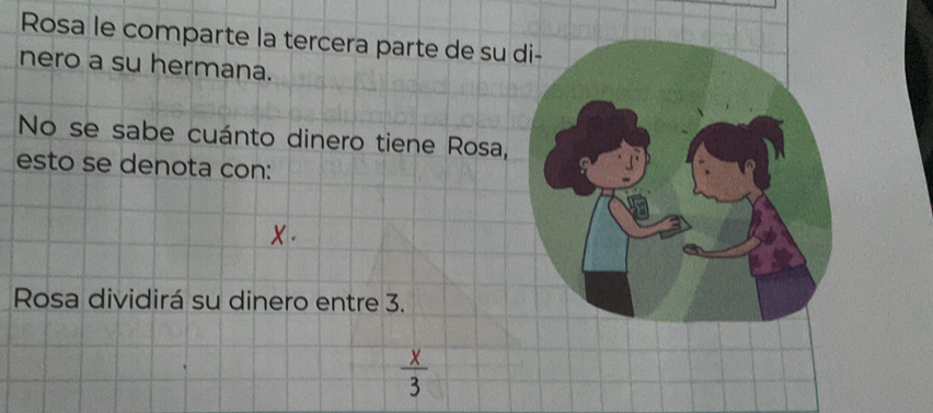 Rosa le comparte la tercera parte de su 
nero a su hermana. 
No se sabe cuánto dinero tiene Rosa, 
esto se denota con: 
Rosa dividirá su dinero entre 3.