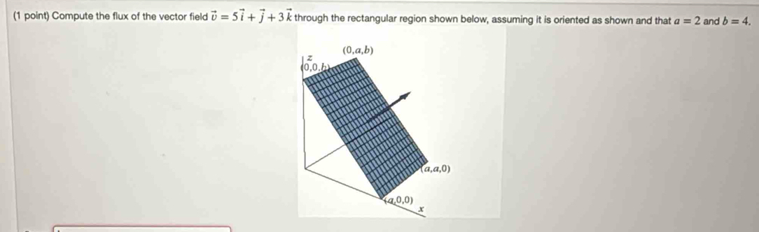 Compute the flux of the vector field vector v=5vector i+vector j+3vector k through the rectangular region shown below, assuming it is oriented as shown and that a=2 and b=4.
(0,a,b)
beginarrayl z 0,0,blambda endarray.
(a,a,0)
(a,0,0)
x