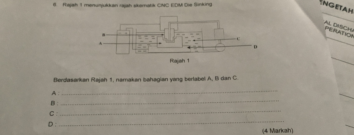 Rajah 1 menunjukkan rajah skematik CNC EDM Die Sinking. 
NGETAH 
AL DISCH PERATION 
Berdasarkan Rajah 1, namakan bahagian yang berlabel A, B dan C. 
A: 
_ 
B : 
_ 
C: 
_ 
D: 
_ 
(4 Markah)