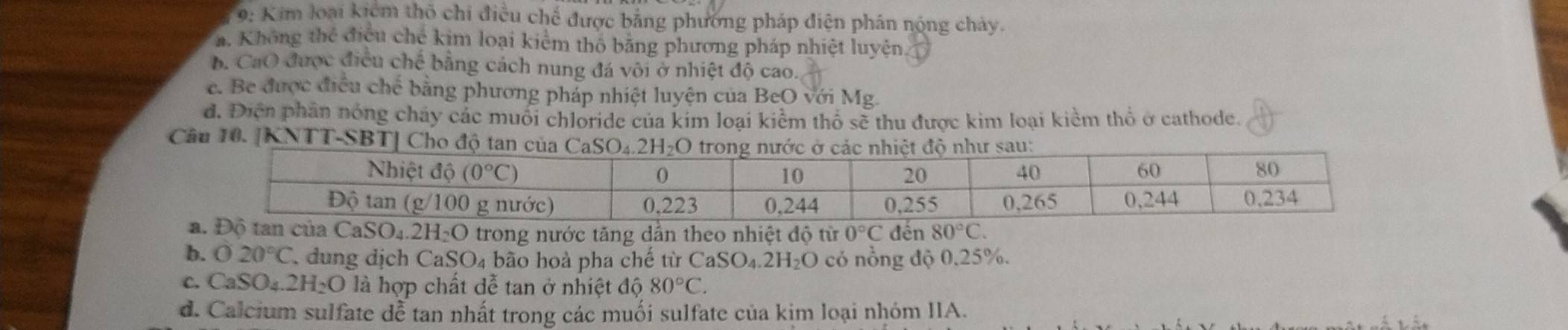 9: Kim loại kiểm thổ chi điều chế được bằng phương pháp điện phân nộng chảy.
a. Không thể điều chế kim loại kiểm thổ bằng phương pháp nhiệt luyện.. CaO được điều chế bằng cách nung đá vôi ở nhiệt độ cao.
e. Be được điều chế bằng phương pháp nhiệt luyện của BeO với Mg.
đ. Điện phân nóng cháy các muối chloride của kim loại kiểm thổ sẽ thu được kim loại kiểm thổ ở cathode.
Câu 10. [KNTT-SBT] Cho độ
của CaSO₄.2H₂O trong nước tăng dẫn theo nhiệt độ từ 0°C d en80°C.
b. O20°C A dung dịch CaSO₄ bão hoà pha chế từ CaSO_4.2H_2O có nồng độ 0,25%.
c. CaSO_4.2H_2O là hợp chất đễ tan ở nhiệt độ 80°C.
d. Calcium sulfate dễ tan nhất trong các muối sulfate của kim loại nhóm IIA.