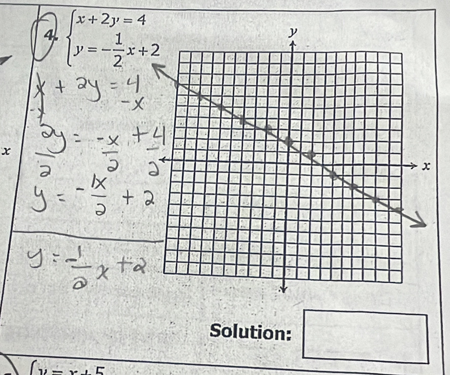 beginarrayl x+2y=4 y=- 1/2 x+2endarray.
x
Q(-2,4)
Solution: □
∈t y=x+5