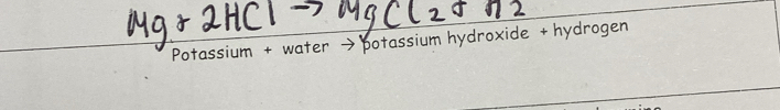 Potassium + water → potassium hydroxide + hydrogen