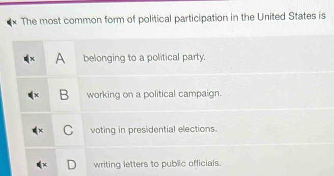 X The most common form of political participation in the United States is